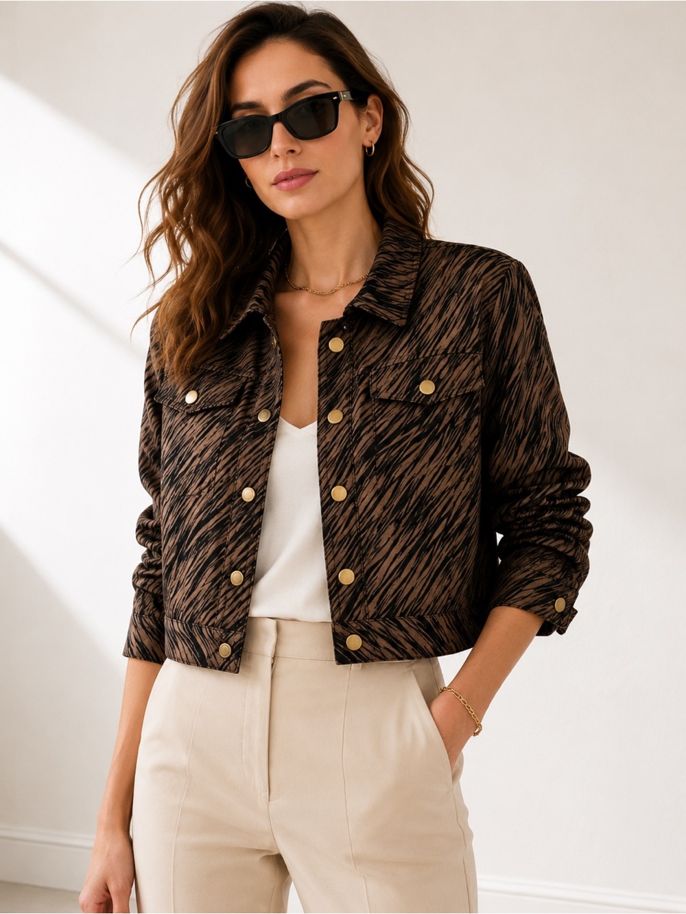 Silk Zebra Print Cropped Jacket Brown Black Y2K Petite Large